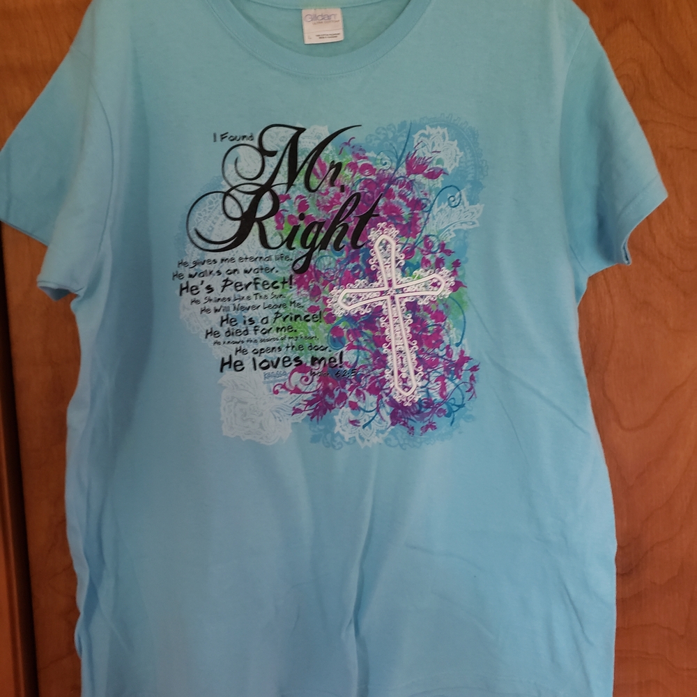 Mr. Right Light Blue Short Sleeve Tee with Floral Cross Graphic